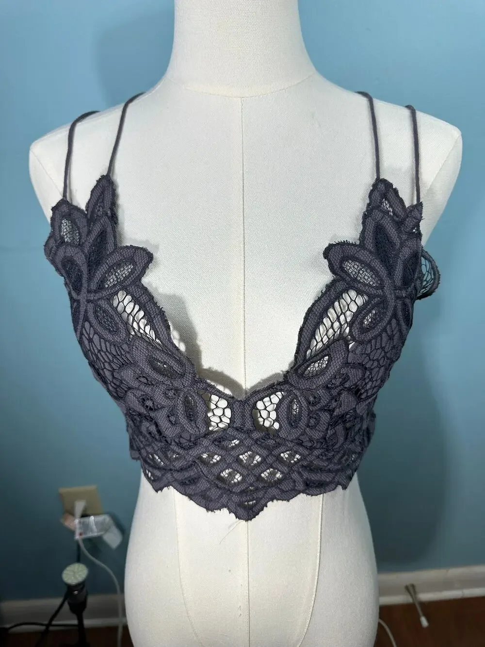 Free People Adella Bralette Gray Crochet Lace festival summer Medium layering